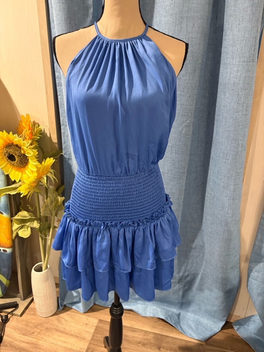 TCEC Blue Halter Midi Dress with Smocked Waist and Ruffle Hem